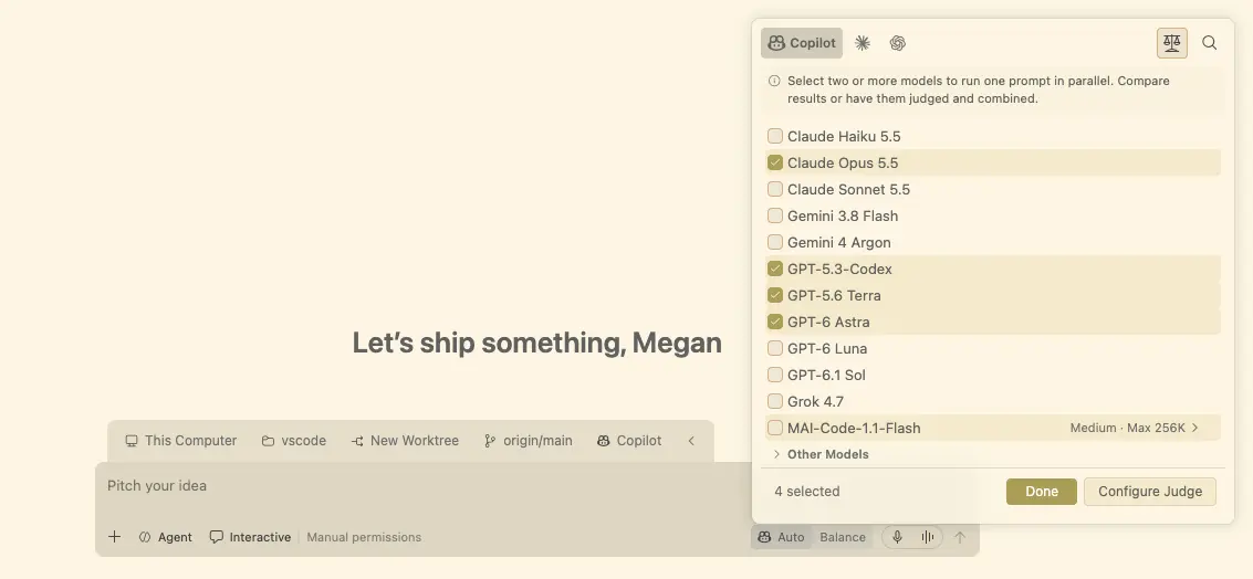 Screenshot showing the Compare Models picker with four models selected and Done and Configure Judge buttons.