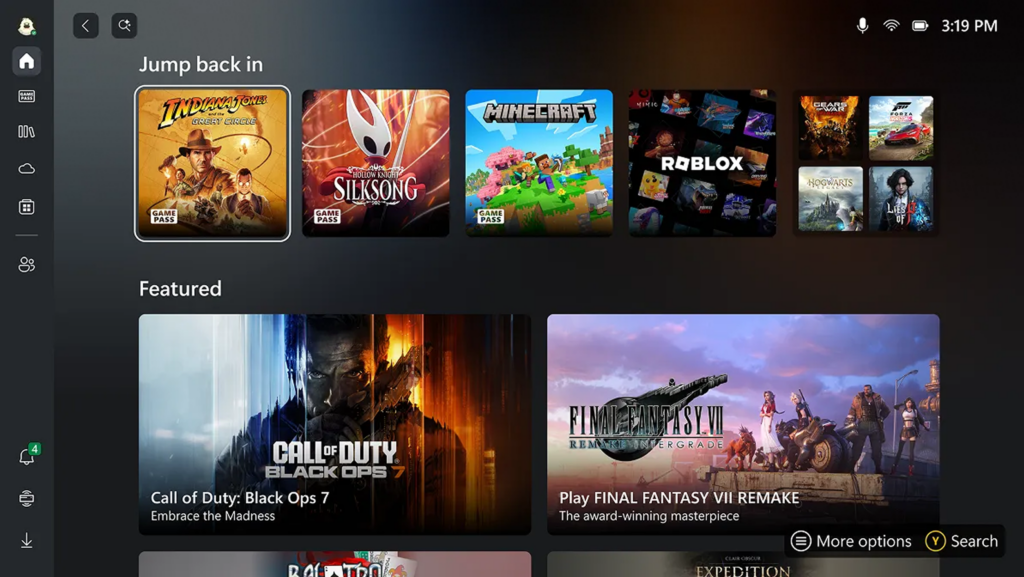 UI of the Xbox full screen experience home screen.