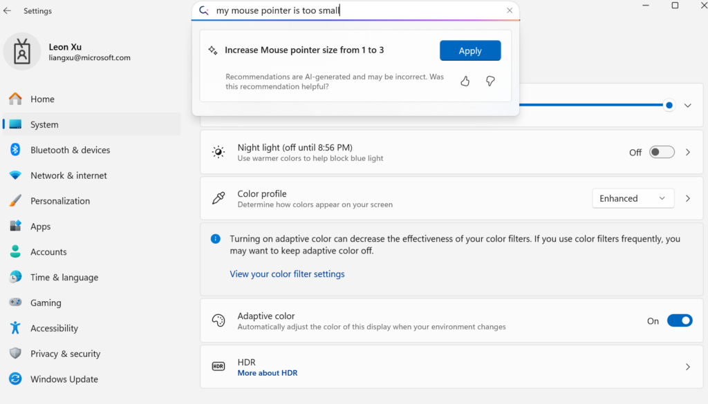 Screenshot demonstrating the agent in Settings .
