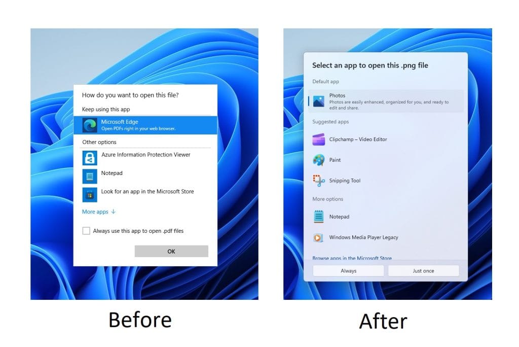 The “Open with” dialog before and after with the updated design.