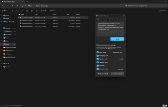 UI showing the Narrator customization panel in Windows 11.