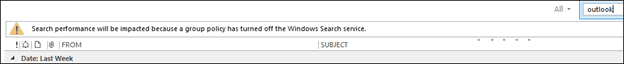 Screenshot of the error message, Search performance will be impacted because a group policy has turned off the Windows Search service.