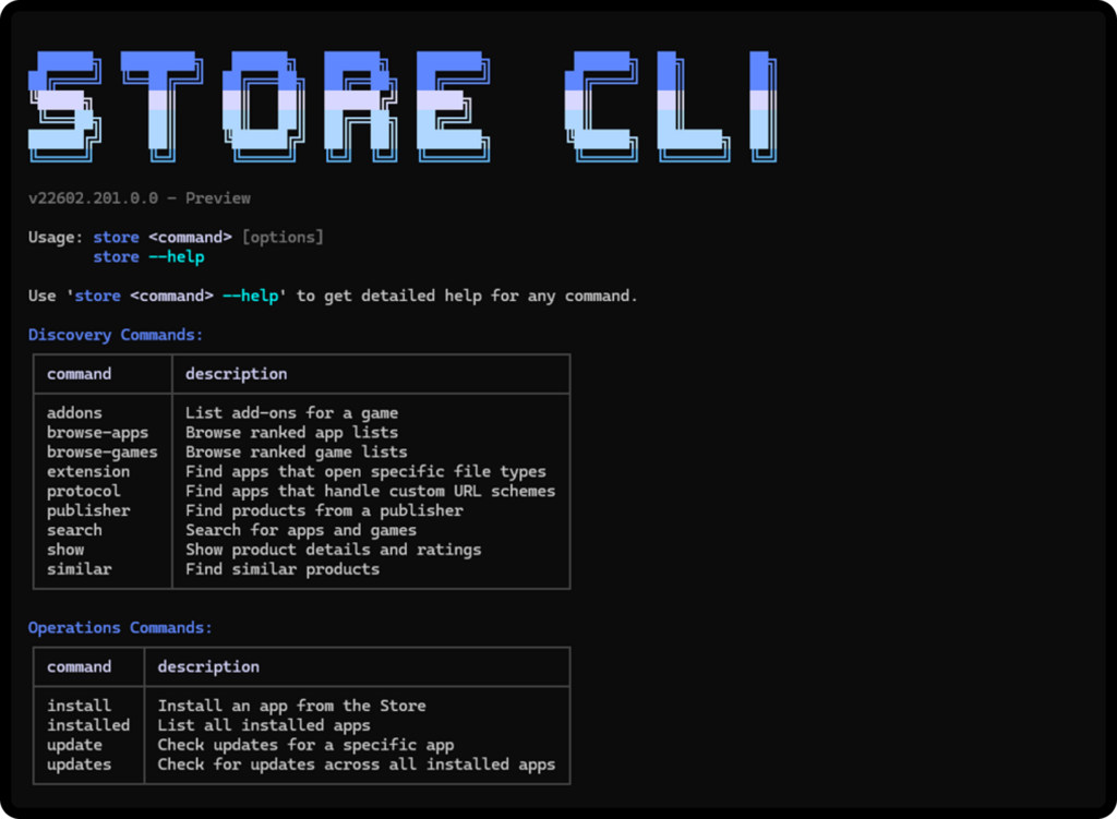 Terminal window showing the Microsoft Store CLI with example commands.