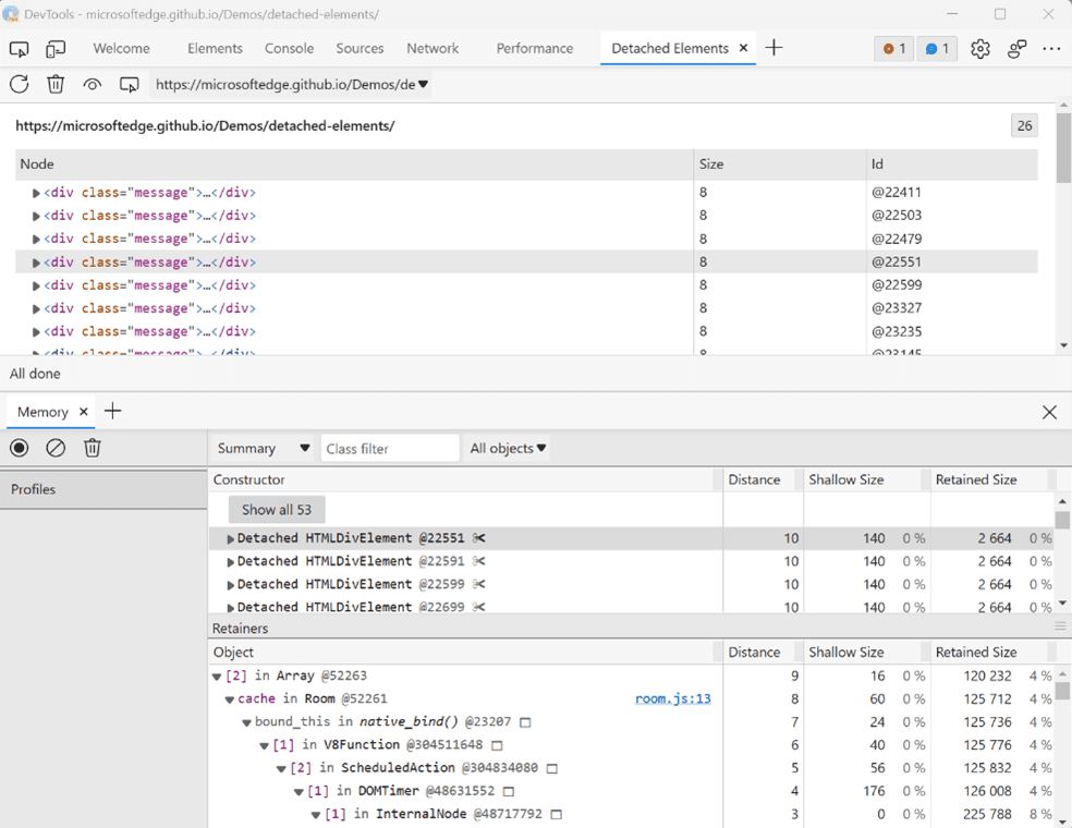 The Detached Elements panel in Microsoft Edge DevTools