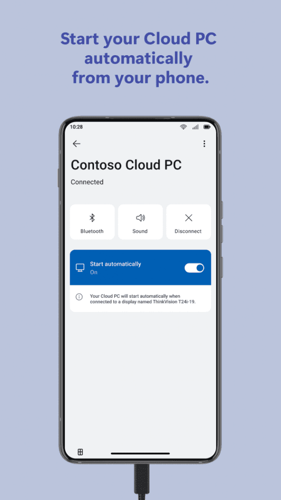 A mobile phone connected to the Connected Cloud PC, along with the words Start your Cloud PC automatically from your phone