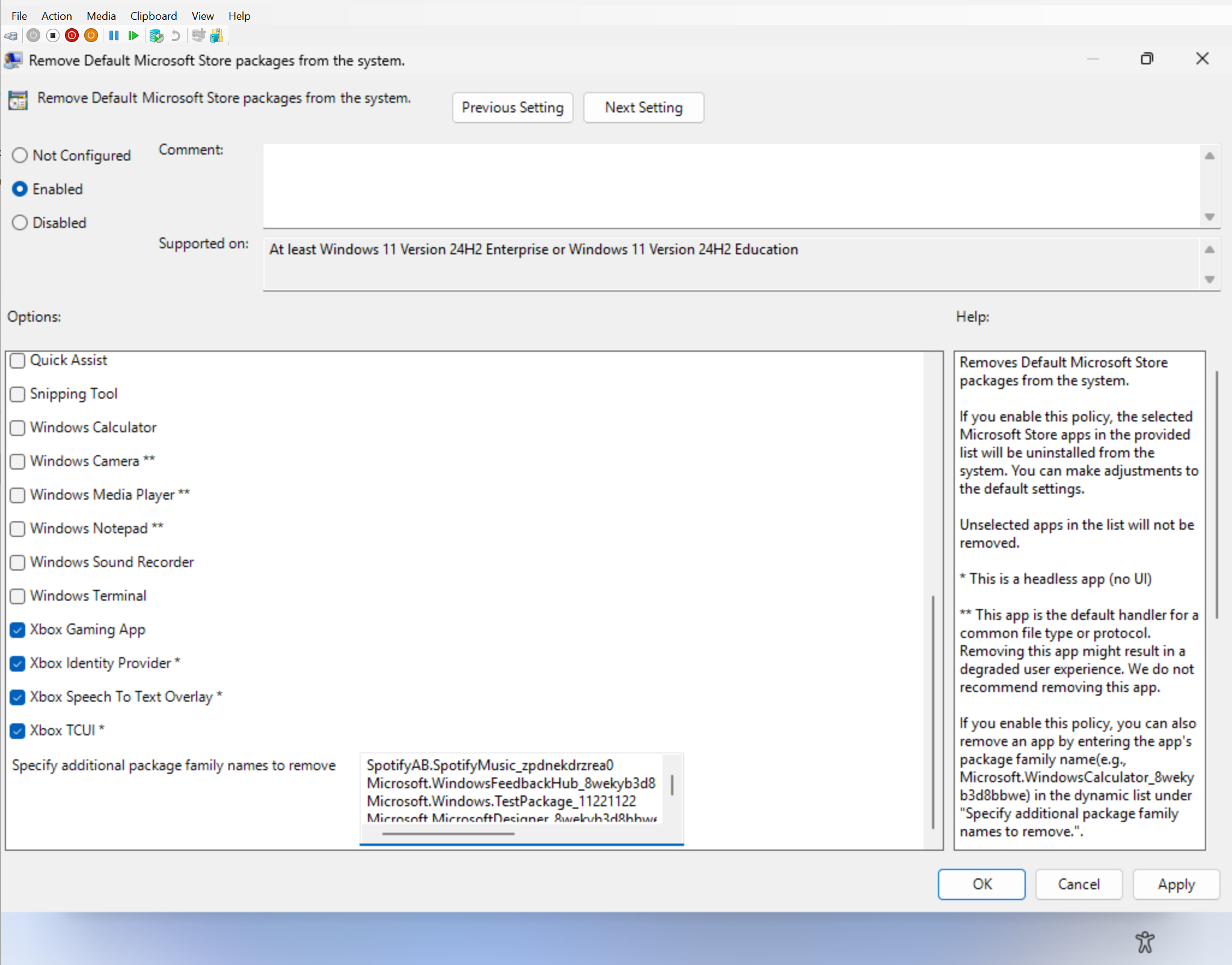 IT Administrator view of removing preinstalled Microsoft Store packages.