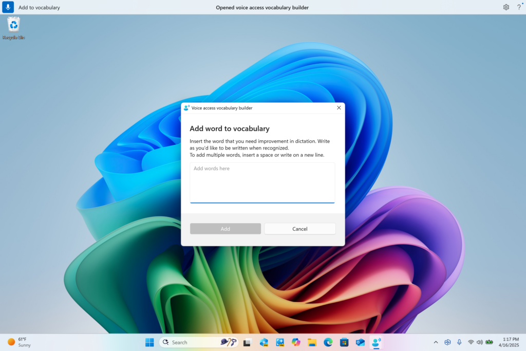 Voice access vocabulary builder dialog for adding your own words to the dictionary.