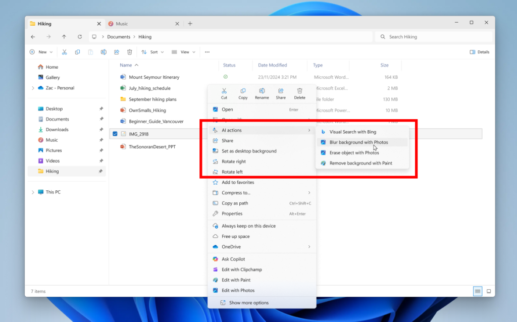 File Explorer with context menu expanded on a file showing new AI actions highlighted in a red box. File Explorer with context menu expanded on a file showing new AI actions highlighted in a red box.