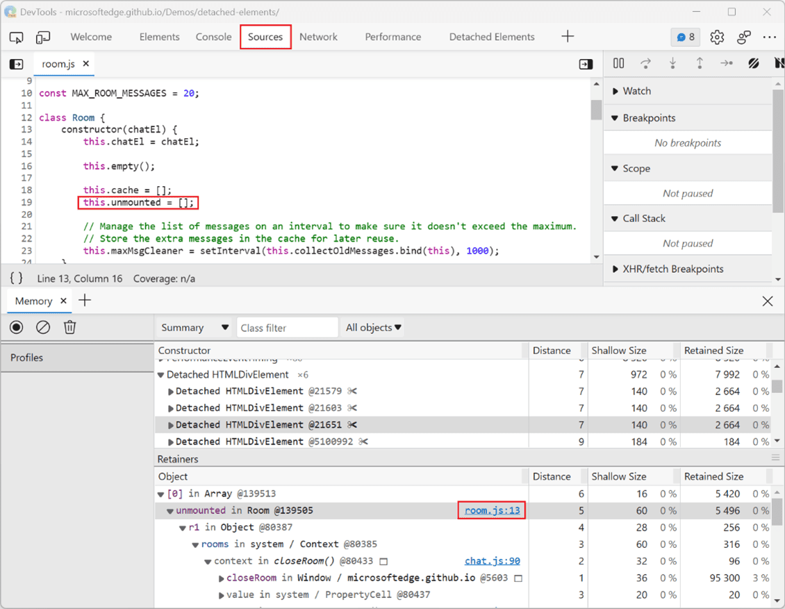 Sources tool showing the relevant line of code in room.js