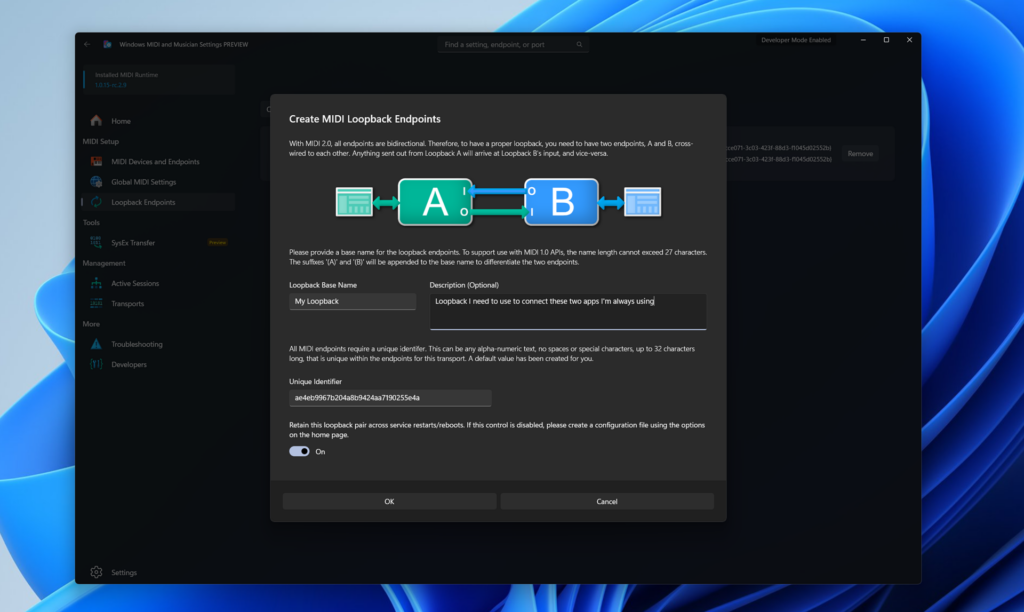 The loopback endpoint creation page of the MIDI Settings app, where the customer has created a new loopback endpoint pair.