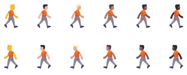 Example of new directionality updates for person/man/woman walking emoji with right facing or the original left facing orientation.