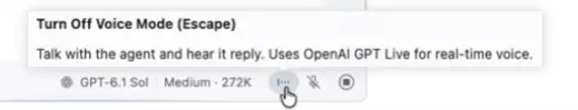 Screenshot showing the blue Voice Mode indicator and its hover identifying OpenAI GPT Live as the real-time voice provider.