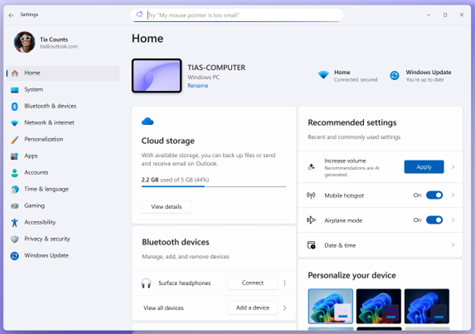 Settings Homepage with options to adjust recently modified settings under “Recommended settings”.