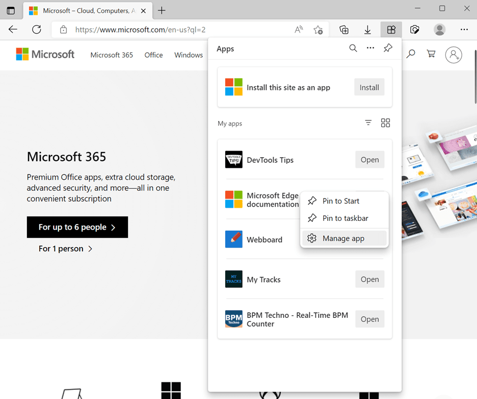 A context menu open on an App in the Apps Hub. The Manage App menu item is selected.