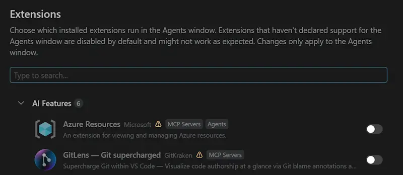 Extensions in Agents window