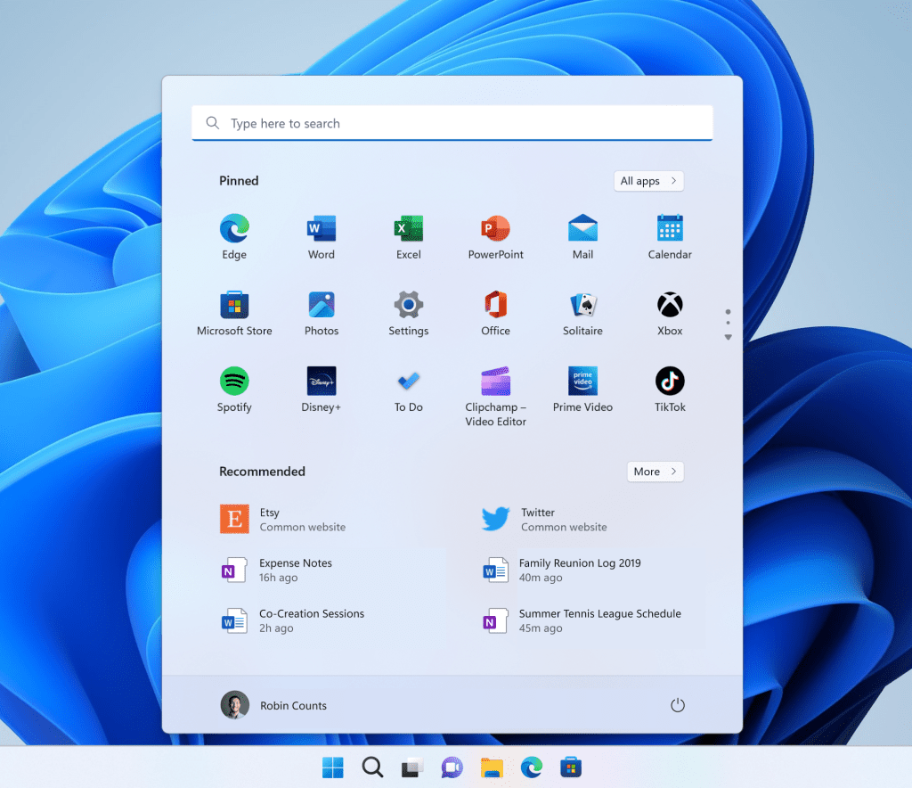 The Start menu showing websites under the Recommended section.