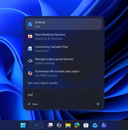 UI of Ask Copilot on the taskbar showing easy access to apps, files, and Microsoft 365 Copilot.