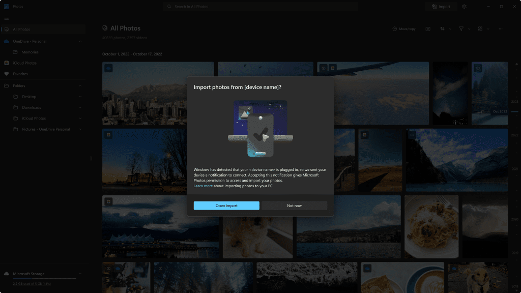 Import window with options for choosing and managing when to begin transferring photos and videos from local devices. 
