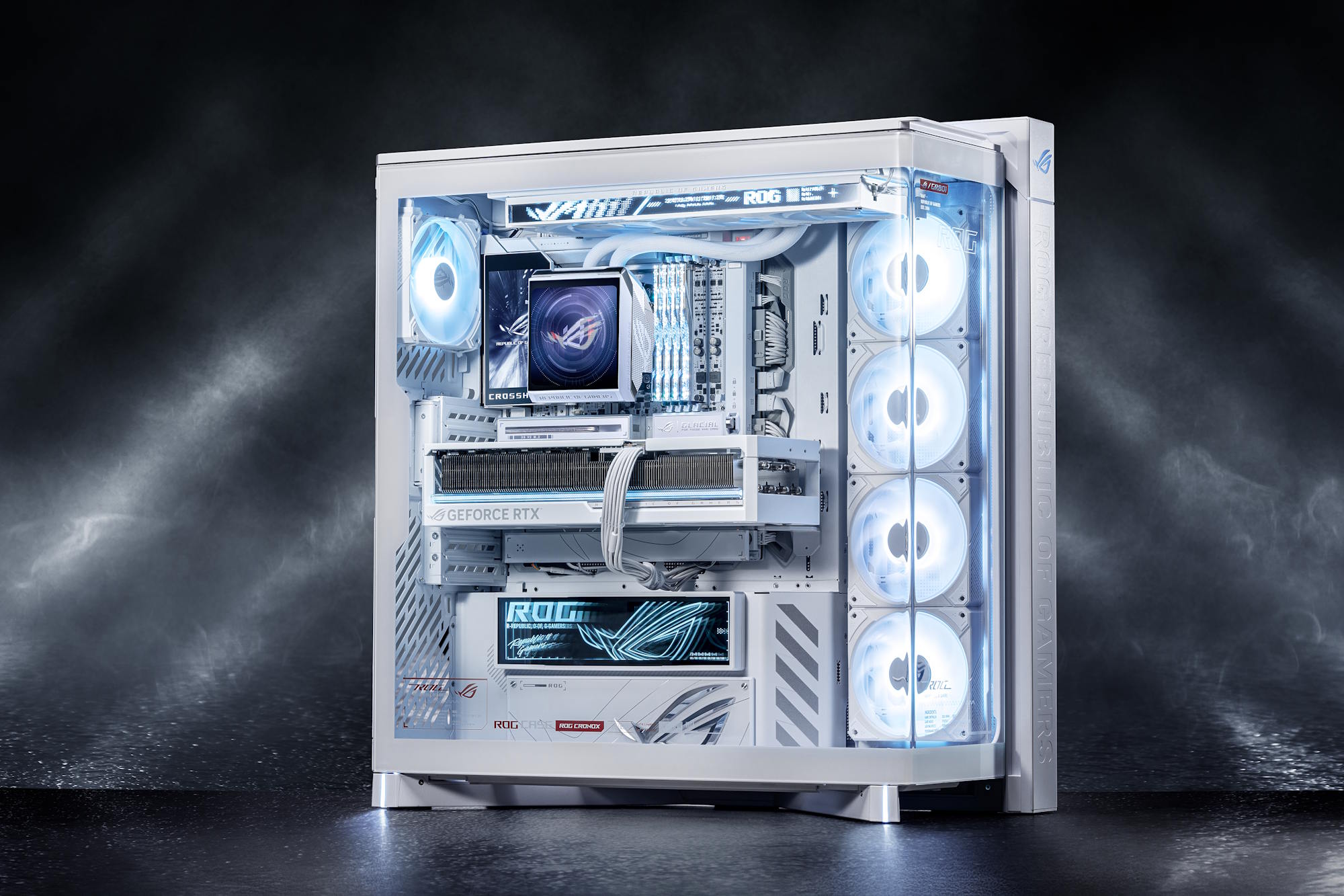 A completed PC build featuring the ROG Crosshair motherboard