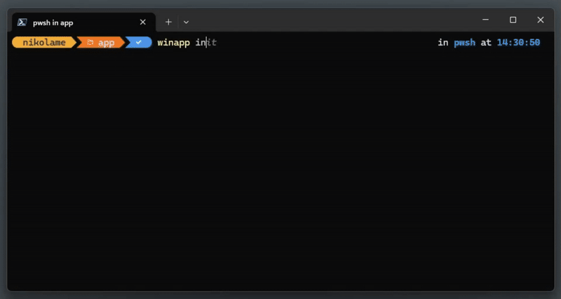 A video/gif of the winapp init command running in a folder, generating manifest, assets, certificate and C++ projections.