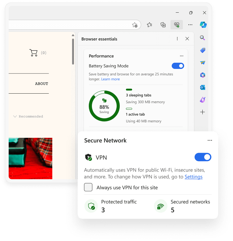 The browser essentials sidebar in Microsoft Edge, showing the Secure Network section