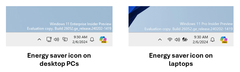 Different energy saver icons on the system tray for desktop PCs and laptops.