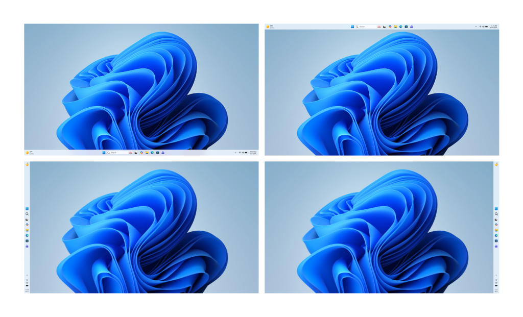 Windows 11 desktops with the taskbar positioned vertically on the bottom, top, left and right side of the screen.