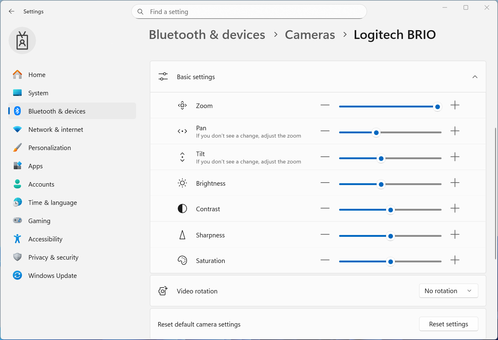 UI showing new pan and tilt controls for supported cameras in Settings.