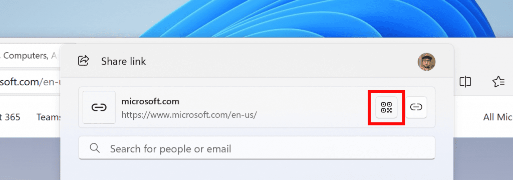 Option to generate a QR code to share a URL through the Windows share window.