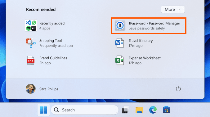 Example of a recommended app on the Start menu highlighted in a red box.