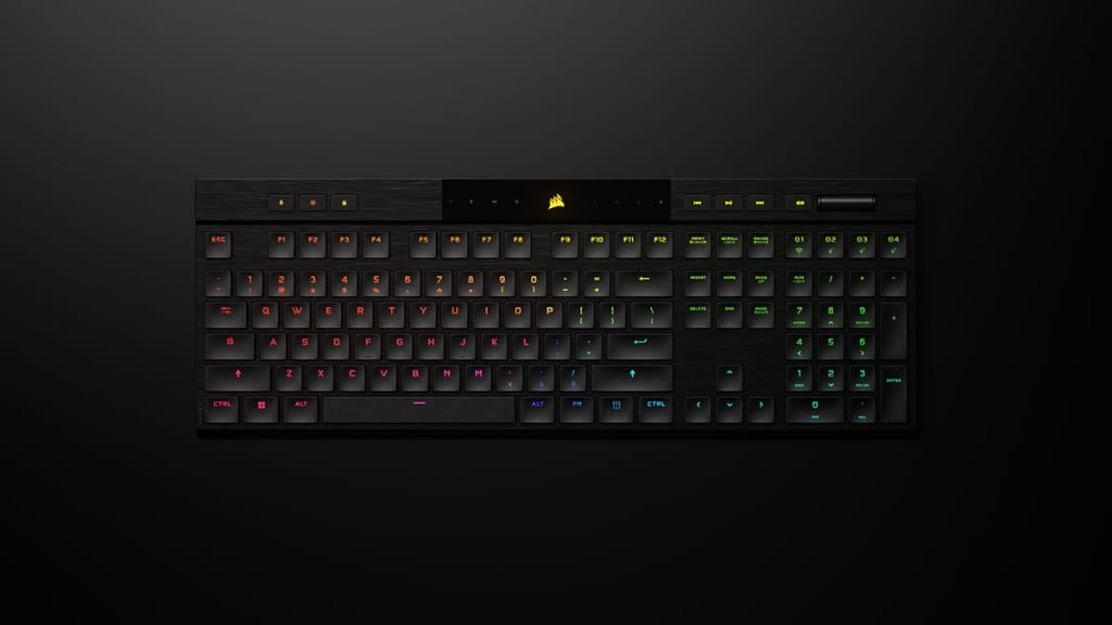 CORSAIR K100 Wireless AIR keyboard on a black background