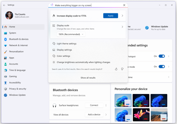 More available results are displayed within search and take action to quickly modify those settings.