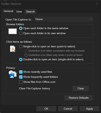 Updates to the Folder Options dialog in dark mode.