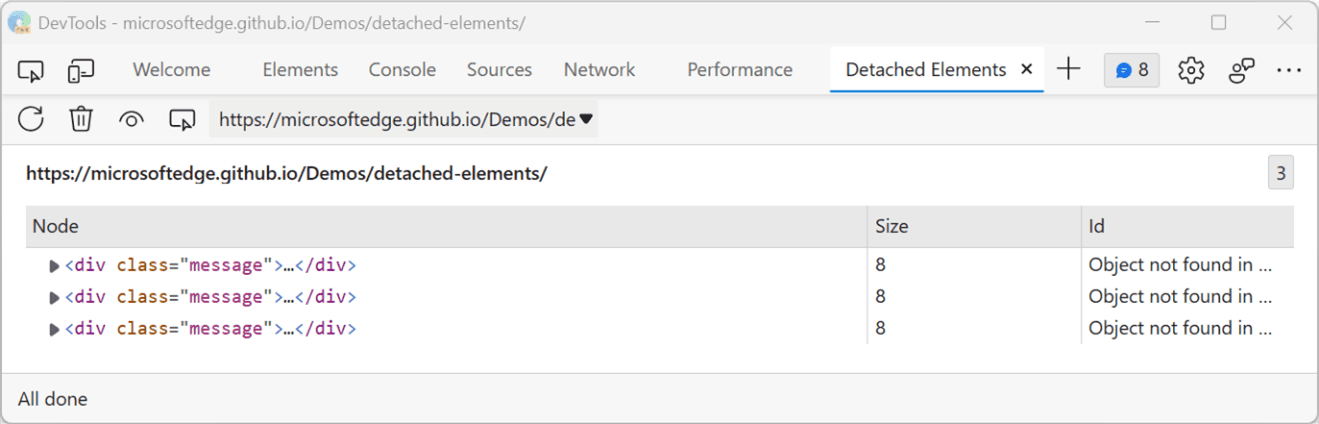 Detached Elements tool showing three detached elements.
