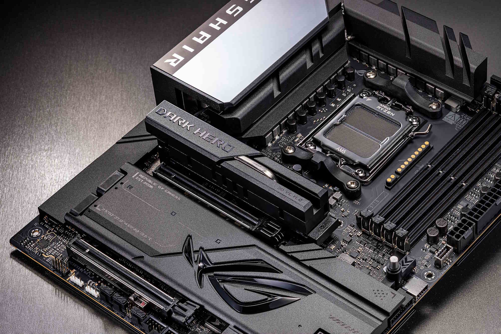 A closeup view of the CPU socket and primary M.2 heatsink of the ROG Crosshair X870E Dark Hero gaming motherboard