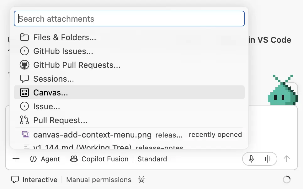 Screenshot showing Canvas selected in the chat's Add Context menu.