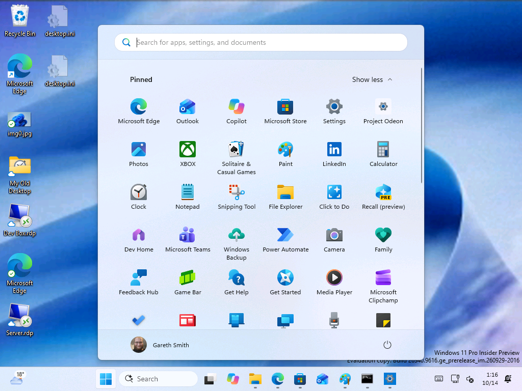 Project Odeon pinned next to the built-in Settings app in the Windows 11 Start menu.