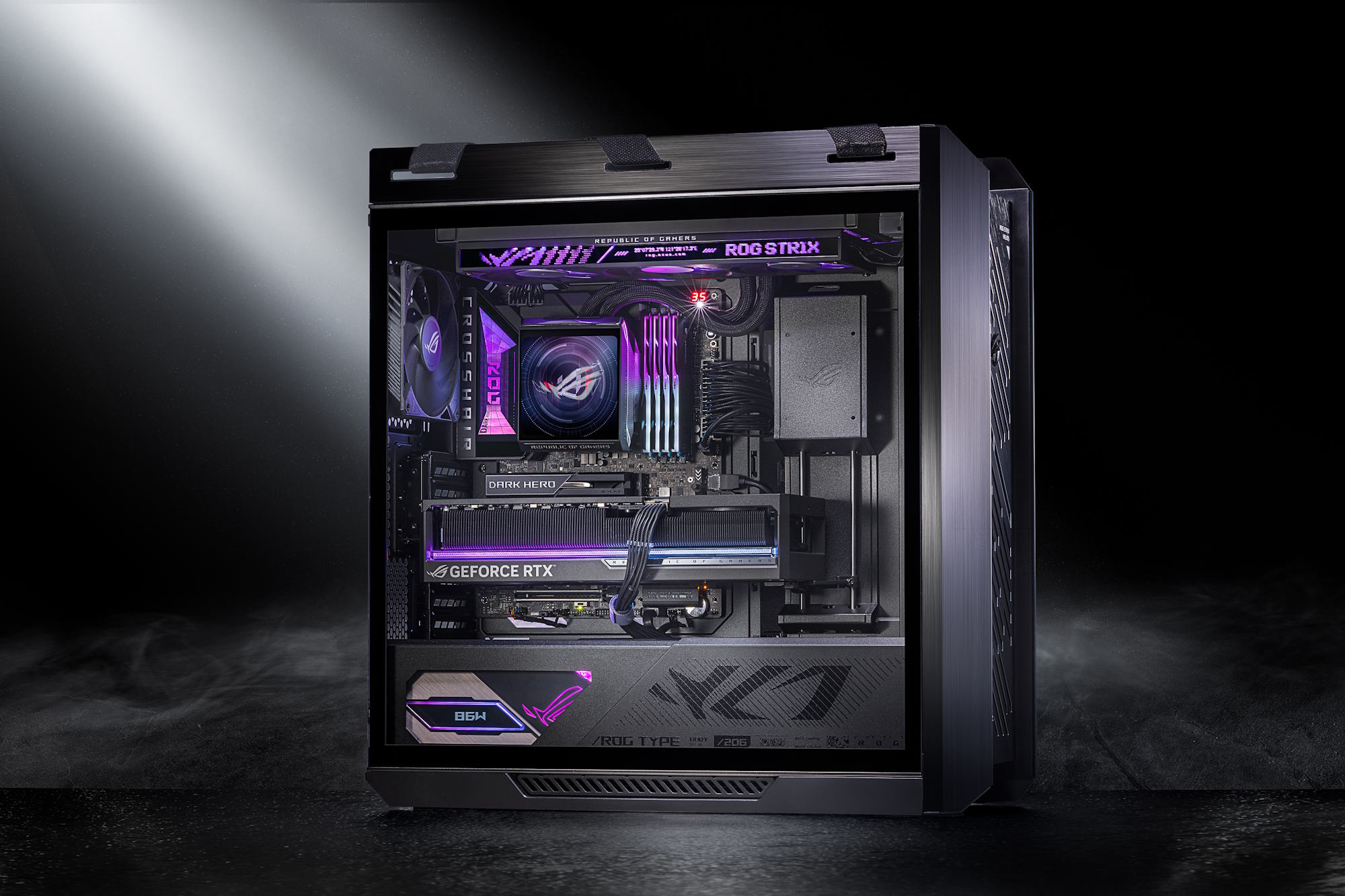 A completed gaming PC build featuring the ROG Crosshair X870E Dark Hero
