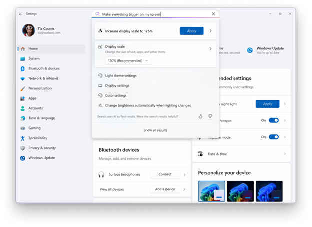 More available results are displayed within search to take action and quickly modify those settings. 