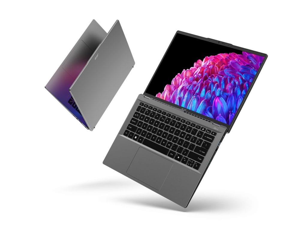 Two Acer Swift Go 14 laptops side by side floating
