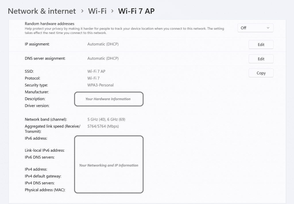 Wi-Fi settings showing a Windows PC connected to the Wi-Fi 7 access point.