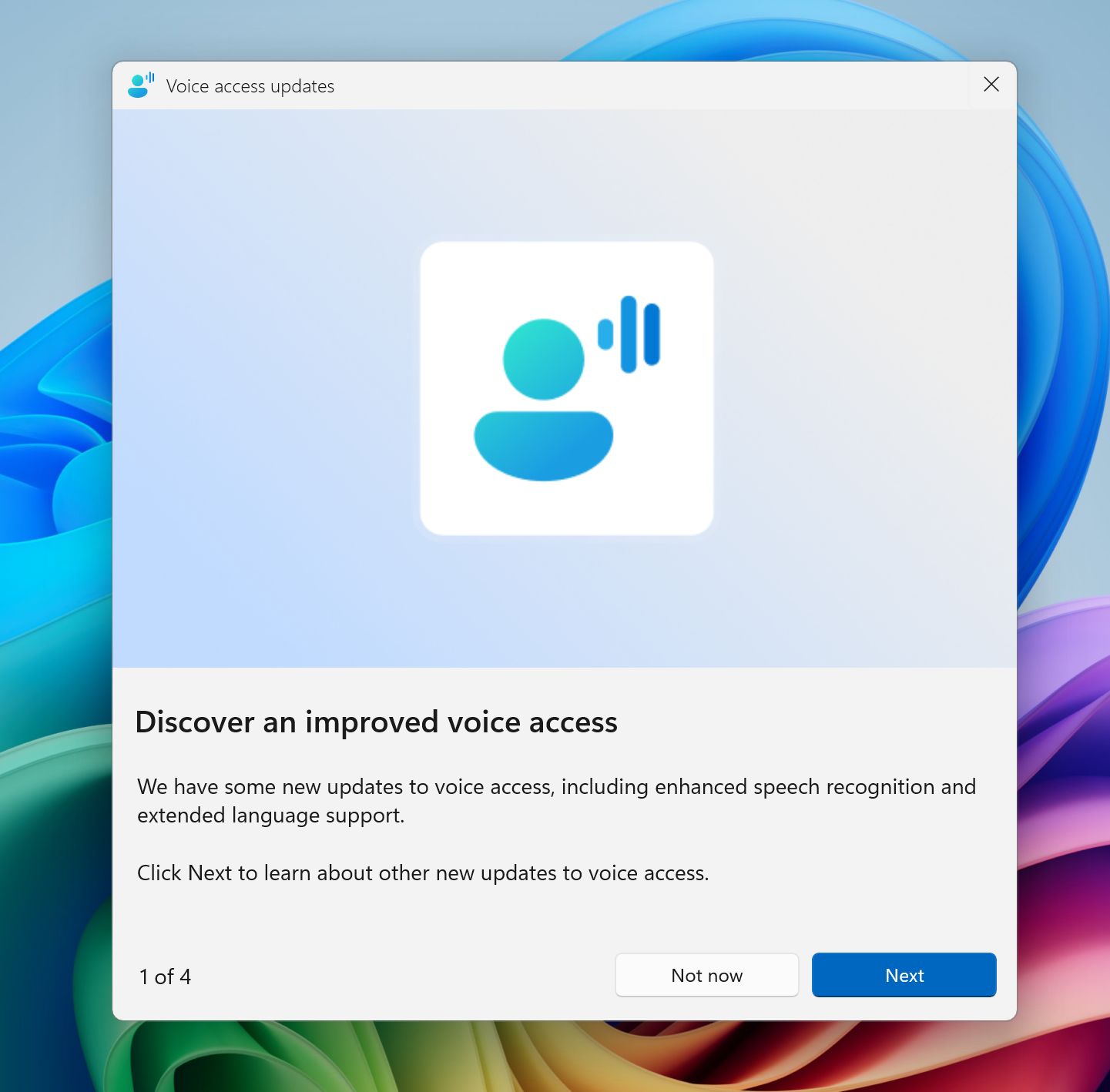 New voice access in-product experience for highlighting new features and improvements in voice access.