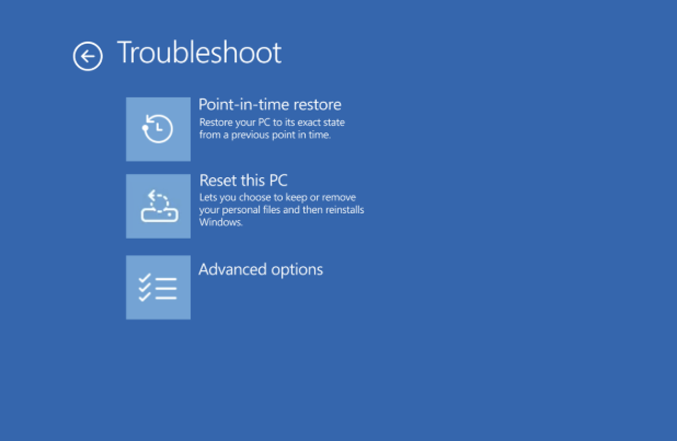 Point-in-time restore shown in the Troubleshoot menu for Windows RE. Point-in-time restore shown in the Troubleshoot menu for Windows RE.