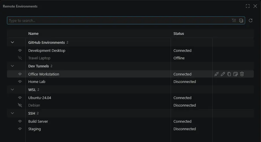 Screenshot showing the Remote Environments dialog with GitHub Environments, Dev Tunnels, WSL, and SSH groups, each remote's status, and inline actions for a connected tunnel.