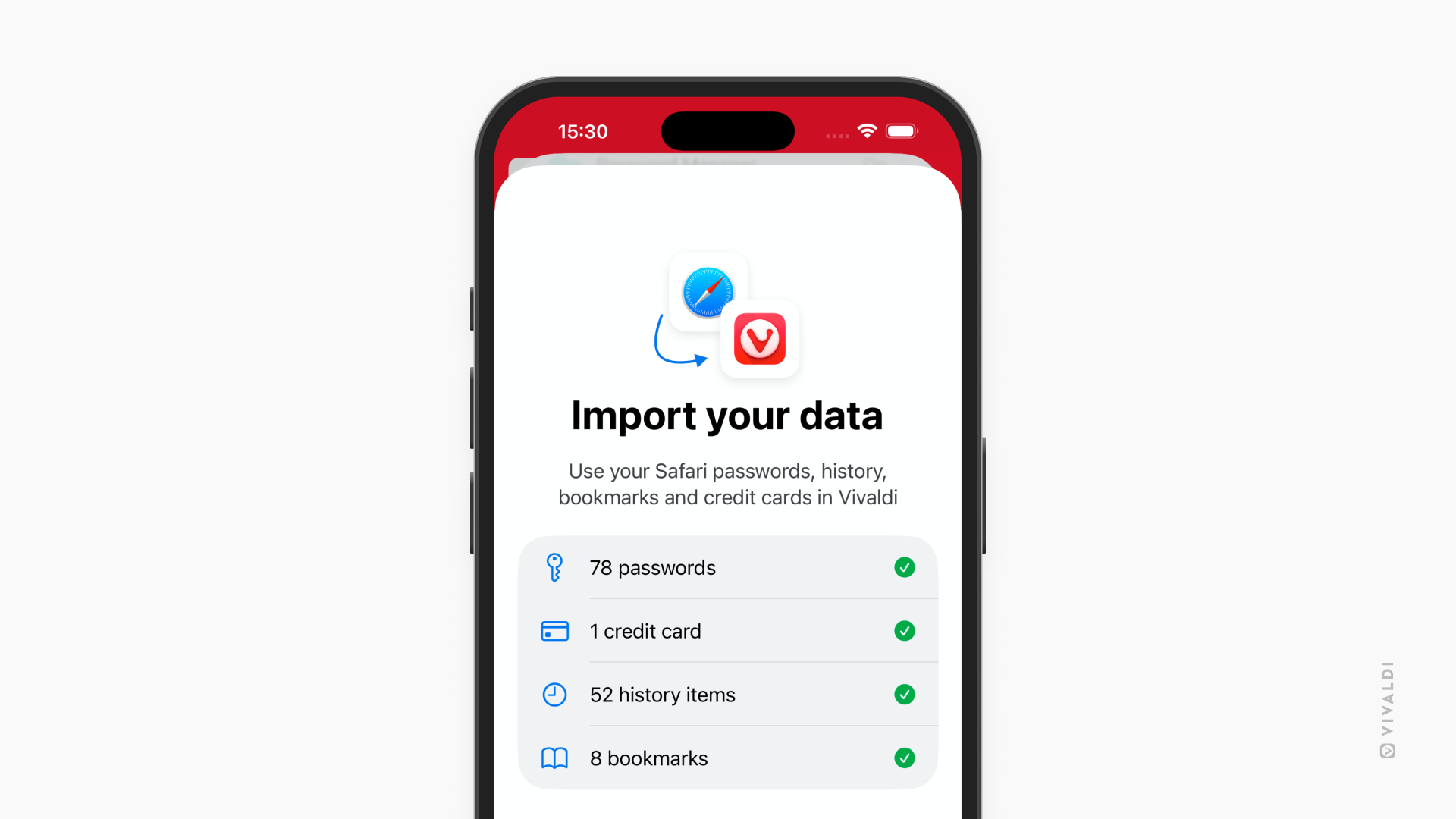 Import page from Safari, where it says Use your Safari passwords, history, bookmarks and credit cards in Vivaldi