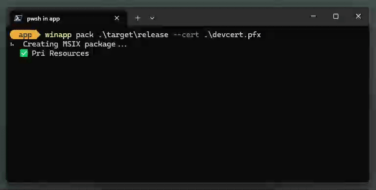 A video/gif of the winapp pack command packaging a folder to msix and signing the package.
