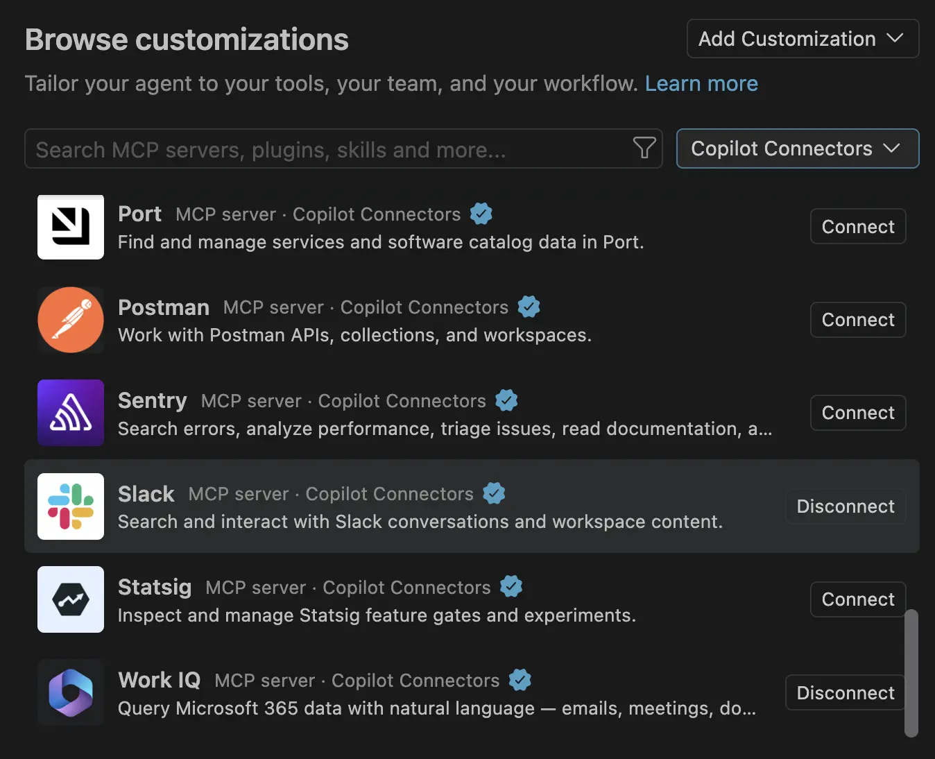 Screenshot showing the Copilot Connectors source in Browse, listing Port, Postman, Sentry, Slack, Statsig, and Work IQ with Connect and Disconnect buttons.