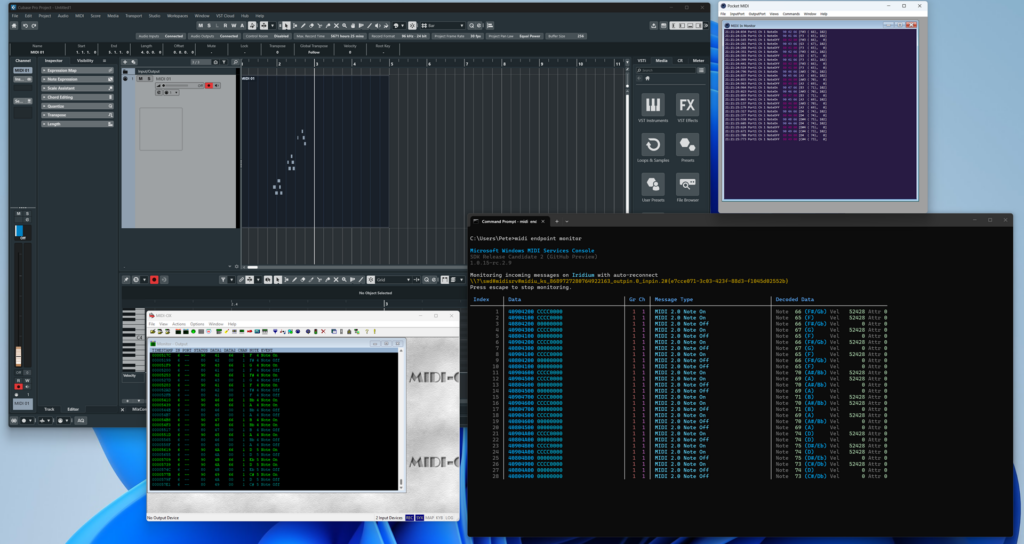 Cubase 15, Pocket MIDI, MIDI-OX and the Windows MIDI Services console all receiving notes from the same MIDI 2.0 device.