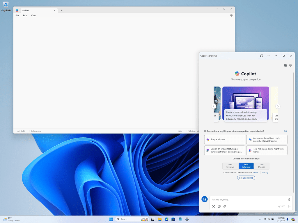 Copilot in Windows undocked and shown next to Notepad like a normal application window.