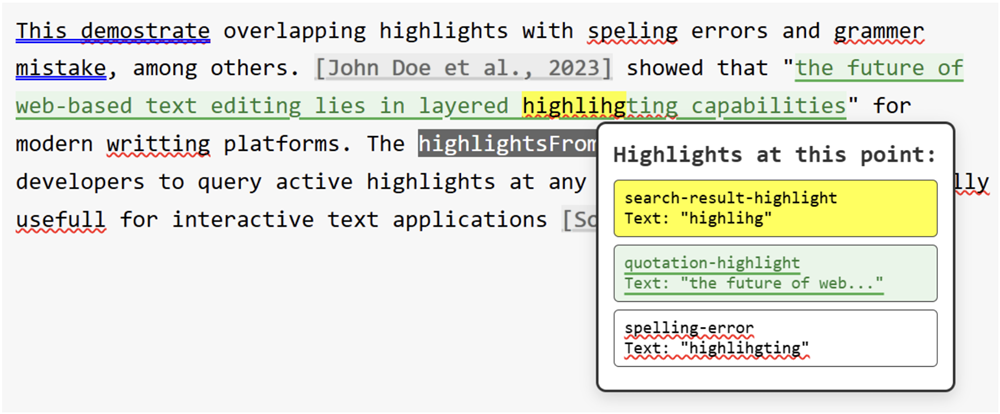 A paragraph of text with multiple different highlights, including some which overlap. The user has clicked on an area of the text where highlights exist. A popup is displayed where the user clicked, listing the highlights that were found at this point. A paragraph of text with multiple different highlights, including some which overlap. The user has clicked on an area of the text where highlights exist. A popup is displayed where the user clicked, listing the highlights that were found at this point.